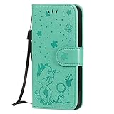 ZXL Wallet Case for Galaxy S5,Cat Embossed Flip Kickstand Case with Card Holder & Wrist Strap Protective Book Case Cover for Samsung Galaxy S5 I9600 Green