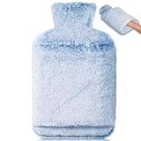 BOLEi Wärmflasche mit Weichem Bezug –Auslaufsicher 2L Groß Wärmflaschen mit Känguru-Tasche,Naturkautschuk +Bettflasche Flauschig (hellblau)