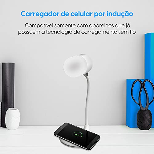 Luminária LED de Mesa 3 em 1 2700-6500k Elgin Com carregador Sem Fio e Caixa de Som Bluetooth Branca