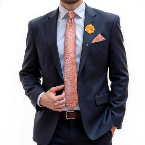 Image of DiBanGu Silk Ties for Men Necktie and Lapel Pin Brooch Set Formal Woven Paisley Plaid Striped Solid Tie Wedding Party