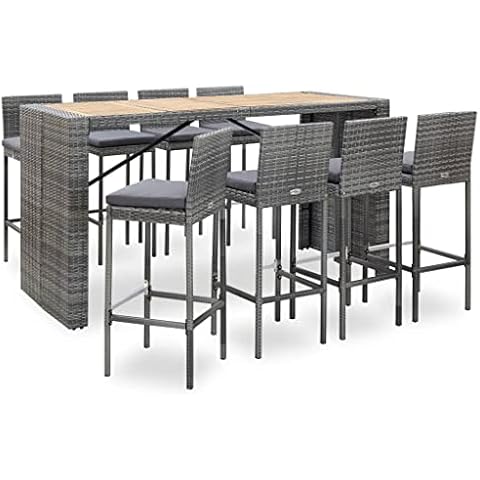 vidaXL Akazienholz Gartenbar Set 9-TLG. Theke Bar Tresen Gartentheke Bartisch Stehtisch Barhocker Barstuhl Gartenmöbel Poly Rattan Grau Cover