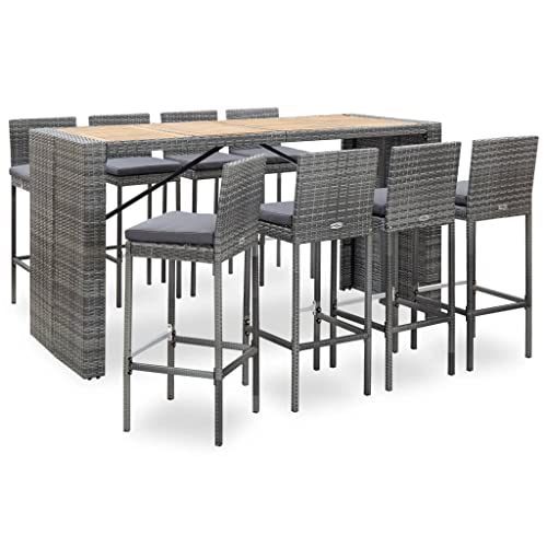 vidaXL Ensemble de Bar 9 pcs Salon de Jardin Mobilier de Patio Table et Chaises de Salle à Manger Terrasse Résine Tressée Gris Bois d&rsquo;Acacia