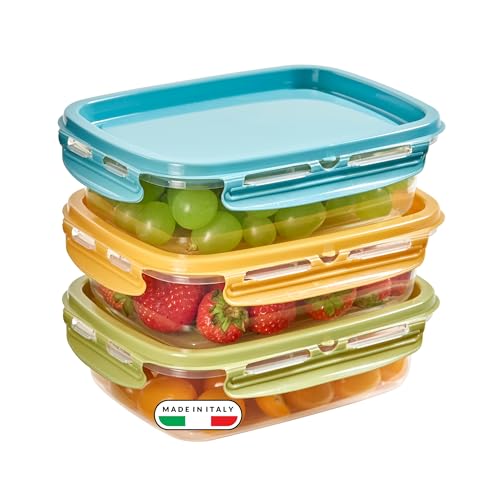 Snips Lock Mixcolor - Set 3 Contenitori per Alimenti 0,6L, Coperchio Salva Freschezza con 4 Chiusure di Sicurezza - Contenitore per Cibi 18,4x14x8 Frigorifero, Microonde e Lavastoviglie Made in Italy