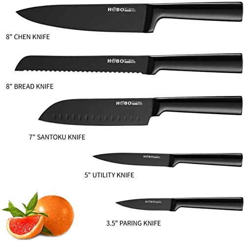 Foto von PENGENRUI Küchenmesser Set 5 teiliges , Messerset , Professional Messerset aus Edelstahl gezahntes und scharfes, Standard-Kochmesser, Schwarz