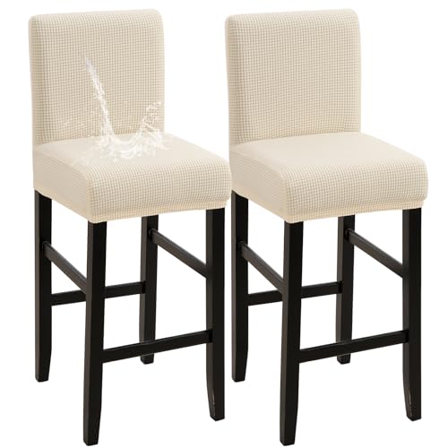 Image of YISUN Waterproof Bar Stool Covers, Stretch Barstool Slipcovers with Backs, Removable Washable Pub Tall Chair Slipcover, Counter Chair Seat Protector Cover, Jacquard Beige 2 Pack