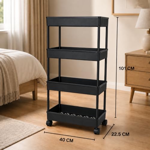 Image of 4 Layer Multipurpose Storage Rack with Plastic Pipe, Kitchen Trolley, Rolling Storage Cart with Wheels, Multipurpose Storage Rack, Kitchen Organizer Rack, Multipurpose Trolley (Black) (Black, 4 Layer)