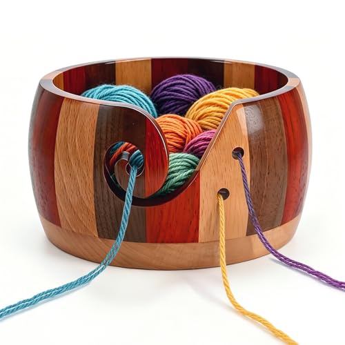 JINGIHE Wooden Yarn Bowl Colorful Floral Pattern Yarn Holder for Crochet