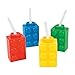 Fun Express Color Building Brick Party Molded Cups with Straw & Lid- 8 Count