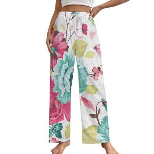 Pantalon de pyjama femme fleurs aquarelle bas de nuit avec poches vêtement détente taille S