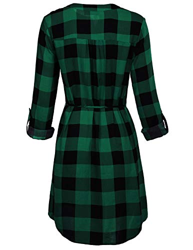 Kate Kasin Women Roll Up Sleeve Casual Tunic Mini Plaid T Shirt Dresses Green Medium #TOP1