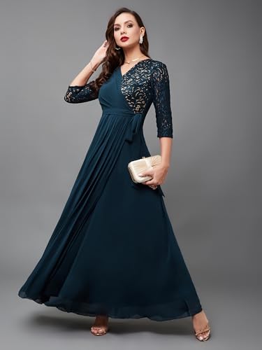 Image of Miss Chase Women's V-Neck Full Sleeve Self Design Lace-Overlaid Georgette Maxi Dress
