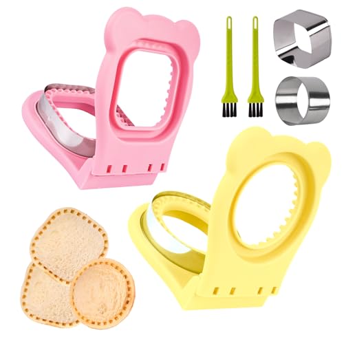 LEPCY Uncrustables Sandwich Maker Sealer Cutter, Crustless Sandwich Cutter, PB&J Uncrustable Maker - Pink Square Shape + Yellow Round Shape