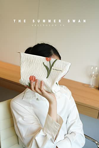 The Summer Swan | Large Aesthetic Makeup Bag Preppy Skincare Organizer Floral Mid-day Clutch Period Kit Hygiene Cute (Tulip)4