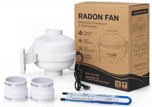 PCLINE 4 Radon Mitigation Fan 190 CFM Quiet Inline Duct Fan | IP67 Waterproof Energy-Saving Motor Easy Install with Rubber Couplers (4 inch x 3 inch) and Air Pressure Indicator