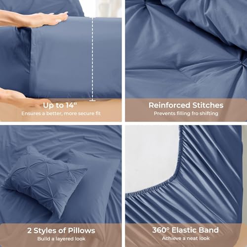Image of Sasttie Twin Comforter Set, 5-Piece Bed in a Bag, Pintuck Bedding Sets for All Season, Includes Comforter, Flat Sheet, Fitted Sheet, Pillowcase and Pillowsham, Slate Blue