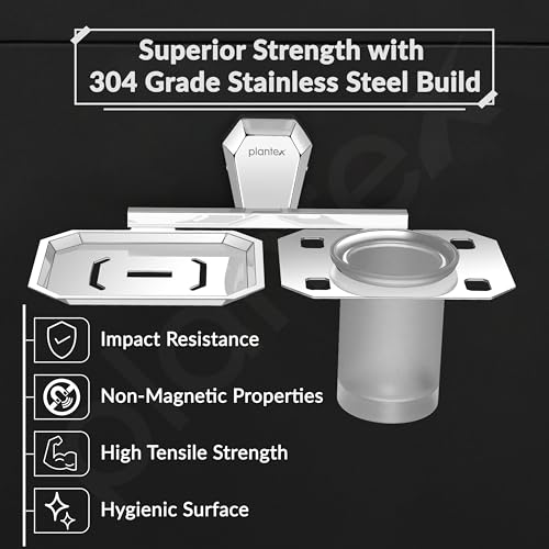 Image of Plantex 2in1 Soap Dish with Tumbler Holder for Bathroom /304 Grade Stainless Steel Soap Holder with Toothbrush Holder /Bathroom Accessories - Pack of 1 (PM-2409, Chrome)
