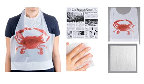 Oasis Supply, Crab Bib, Newspaper Placemats, Butcher Paper Table Cover & Wet Wipe Bundle - 25 Disposable Bibs, Placemats, & Moist Towelettes for Crawfish Boil, Seafood Fest, or Crab Bakes