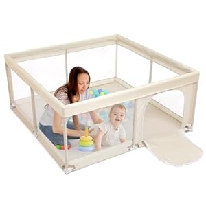 BEJOY Baby Playpen, 150cm Compact and Strong, Foam Protection, Anti-Slip, Transparent Breathable Mesh Round Zipper Door Safety Playard for Baby and Toddlers Indoor & Outdoor (Beige)