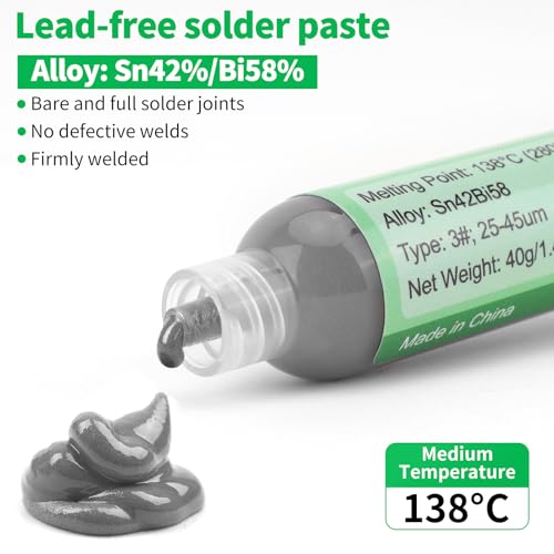 40g Solder Tin Paste with Syringe,138°C Low Temperature Syringe Solder Paste, Sn42/Bi58 Flux Soldering Paste with 4 Needles and 1 Push Rod, Solder Paste for Bag,PCB, CPU, SMT