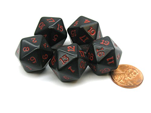 Koplow Games Set of 5 Twenty Sided 19mm D20 Opaque Dice RPG D&D Black with Red Numbers Die