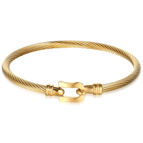 Stylish Stainless Steel Twisted Cable Wire Bracelet Gold Adjustable Hook Clasp Bangle for Women Trendy Vintage Cuff Jewelry Birthday Anniversary Party Wedding Everyday Wear