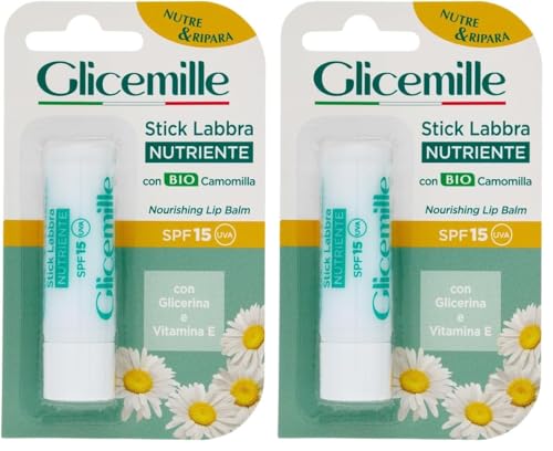 GLICEMILLE | Stick Labbra Nutriente, SPF 15, con BIO Camomilla, Glicerina e Vitamina E, 5,5ml (Confezione da 2)