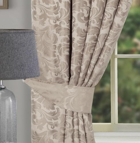 Image of Pikk - Fully Lined Buckingham - Floral Jacquard Fully Lined Curtains - Pencil Pleat Header - Polyester (Natural, Tie Back (Pair))