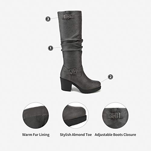 DREAM PAIRS Women's Chunky Heel Knee High Boots Side Zipper Round Toe Boots with Faux Fur Lining,Size 9,Grey,CHAI-1