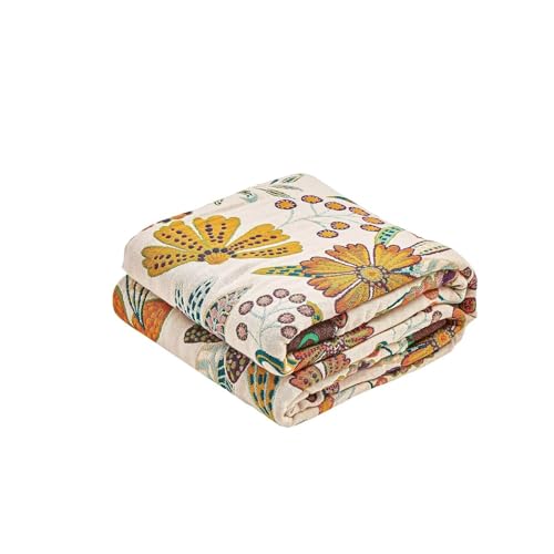 Image of XIBLC Boho Throw Blanket, 100% Cotton Ultra Soft Luxury Throw Rustic Quilt, 60 inchx80 inch Floral Printed Farmhouse Decor Bed Summer Blankets, All Season Rustic Reversible Bohemian Throw for Bed - White