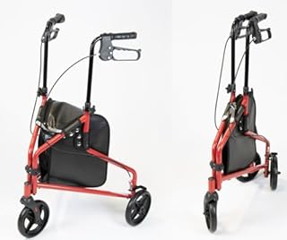 NRS Healthcare 3 Wheel Steel Rollator Walker Walking Aid with Bag, & Lockable Brakes, Folding & Height Adjustable – Red