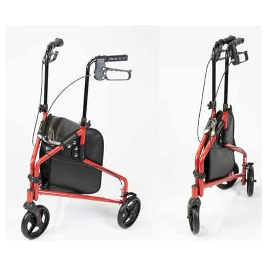 NRS Healthcare 3 Wheel Steel Rollator Walker Walking Aid with Bag, & Lockable Brakes, Folding & Height Adjustable – Red