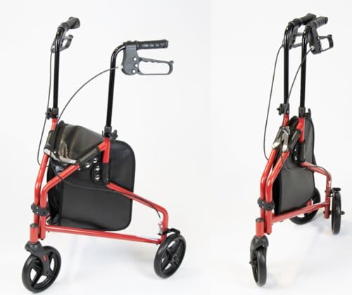 NRS 3 Wheel Steel Rollator Walker Walking Aid with Bag & Lockable Brakes Folding & Height Adjustable Red