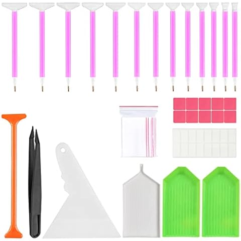 SourceTon 50 pcs Diamond Art Paintings, Diamond Art Tools, for 5D Diamond Art Paintings, Including Red Rubber Block, Diamond Bag, Label Sticker, Drill Pen, Tweezers, Corrector, Plastic Tray Cover
