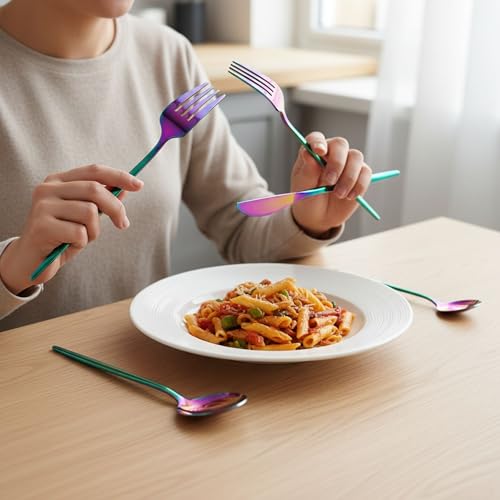 Image of Slim Handle Rainbow 15 Pcs Stainless Steel Cutlery Set for Dining Table, Dishwasher Safe Glossy Flatware (3 Spoon Set+3 Forks Set+3 Butter Knife+3 Dessert Spoon+ 3 Fruit Fork)