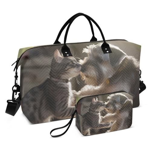 Large Travel Duffel Bag, Cat and Dog Play Sport Tote Gym Bag, Shoulder Weekender Overnight Bag for Women Men, Carry On Luggage with Toiletry Bag