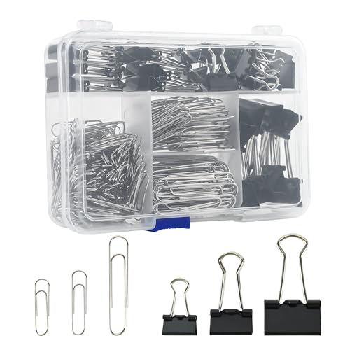 340pcs Binder Clips Paper Clips Assorted Sizes Binder Clips Jumbo Paperclips Set Binder and Paper Clips Set Binder & Paper Clips in Container with Compartments for Home School Office Supplies