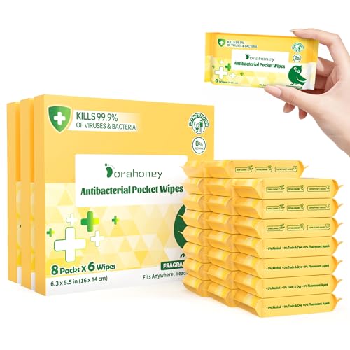 Image of Travel Antibacterial Hand Wipes, 99% Water Hand Sanitizer Wipes, Safe for Sensitive Skin & Hypoallergenic Hand Sanitizing Pocket Wipes, 144 Count (24 Packs of 6)