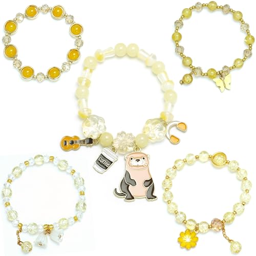 5PCS Beaded Charm Bracelets for Girls Otter Dainty Kawaii Crystal Beads Bracelets Set for Teens Girls Adjustable Stretch Bracelet Birthday Graduation Gift For Daughter Niece Granddaughter