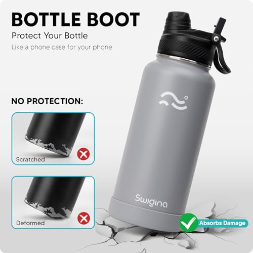 Image of Swigina [2-IN-1 LID] Insulated Water Bottle with Silicone Boot (36hrs Cold /18hrs Hot) - DIY Stickers, Leakproof, BPA Free, 32 oz