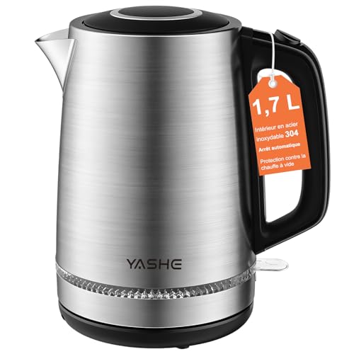 YASHE Bouilloire Électrique en Acier Inox 1,7L, 2200W Ébullition Rapide, Bouilloire Métal avec Filtre Anticalcaire, Arrêt Automatique et Protection contre...