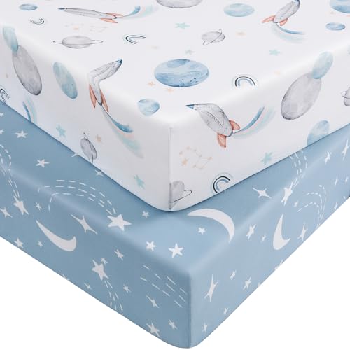Nyessmee Pack and Play Sheets for Boys Girls 38 x 26 Mini Crib Sheets Fitted for Pack n Play Mattress Soft Breathable Playard Sheets 2-Pack Blue Rocket