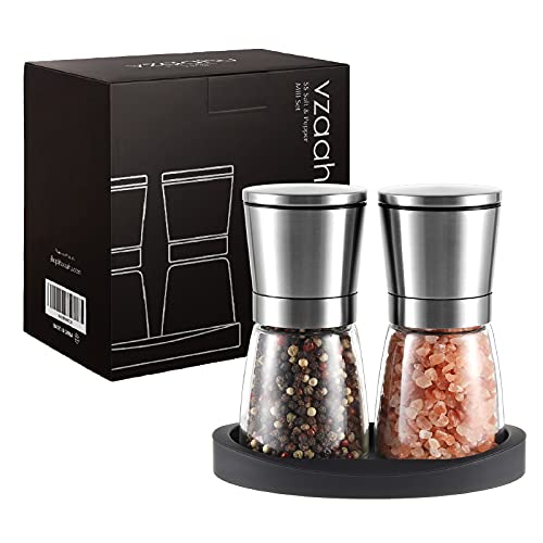 Vzaahu Molinillo de sal y pimienta de acero inoxidable, juego de 2 molinillo de sal recargable, con tapas magnéticas, núcleo de cerámica ajustable y soporte de cocina Cover