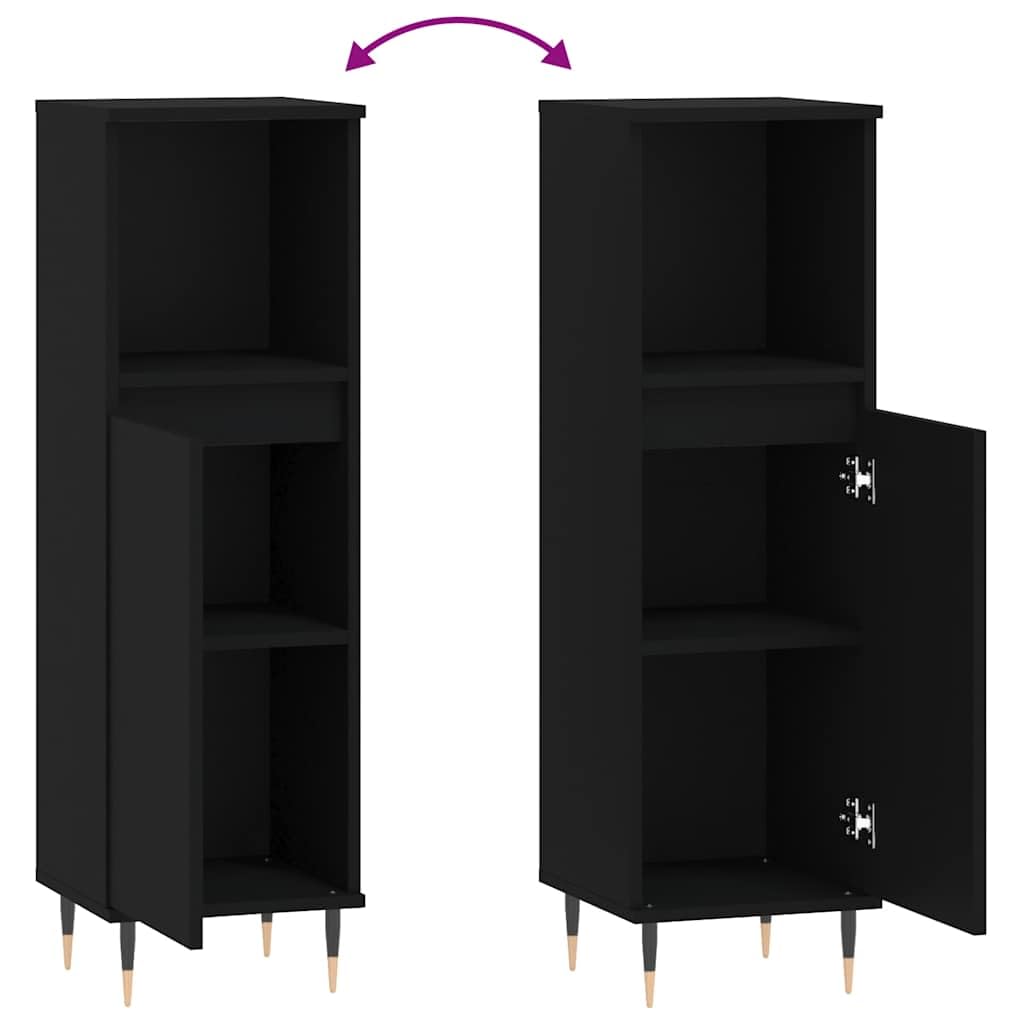 Mueble de baño negro 30 x 30 x 100 cm de madera con patas de hierro, diseño moderno, montaje en pared, armario para baño pequeño, juego de muebles de baño