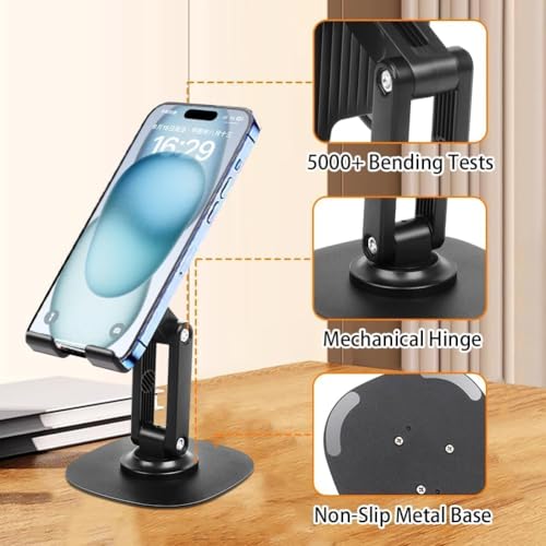 Image of DeskPro K7 Adjustable Mobile Phone Stand with Metal Base | Desktop Holder for Smartphones & Tablets | Anti-Slip Pad | Foldable and Angle Adjustable Design | Study Table Phone Dock - Black