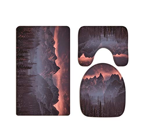 A.Monamour Badezimmer Badematte 3 Teilig Set Weißer Schnee Berge Wald Bäume Bewölkter Himmel...