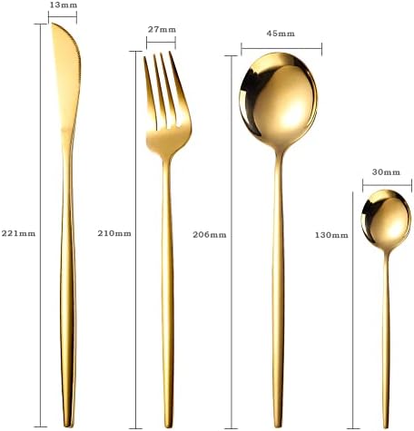 Gold Cutlery Set, 24-Piece Home Safety Stainless Steel Silverware Set, Mirror Polishing Flatware Set Service for 6, Includes Knives, Forks, Spoons, Dishwasher Safe, with Premium Box (Classical Gold)
