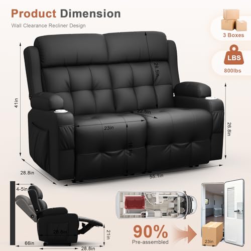 Image of Loveseat Recliner Sofa, Home Theater Seating with Massage, Reclining Loveseats with Console, Wall Hugger RV Couch Movie Theater Chairs, RV Furniture Sofas with USB, Cup Holders, Drawer for Gaming Room