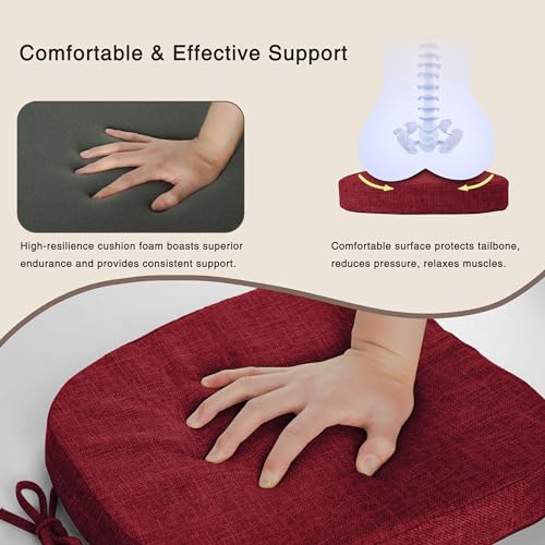 Image of OVOV 14x14 Chair Cushions for Metal Dining Chairs Set of 4 Red | Non Slip, Washable Removable Cover with Ties, Textured, for Dining Room, Kitchen Cafes Bistro Patio, Stackable Chairs