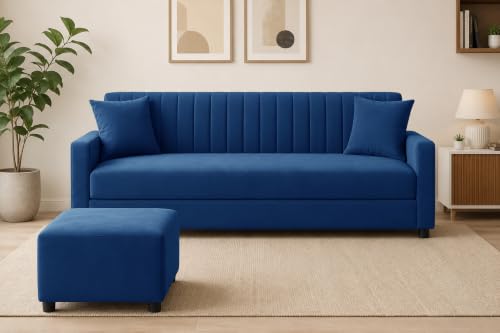 Image of 3 Seater Wooden Sofa Set with Ottoman for Living Room | Premium Velvet Fabric Wooden Frame | Modern Design | Comfortable Cushioned Sofafor Home, Office & Lounge | Blue
