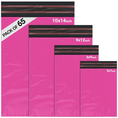 65 Mixed Parcel Bags Hot Pink Mailer Bags Tamper-Proof Strong Postal Packaging Bags for Shipping Mailing & Delivery 4 Sizes Small to Large Bags